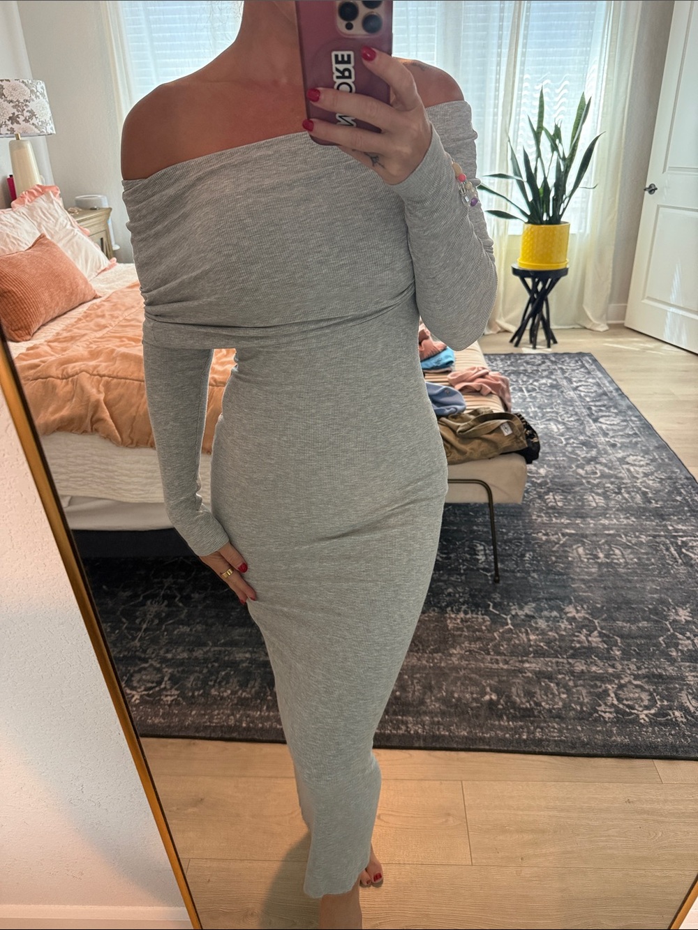 Aritzia Off-Shoulder Long Sleeve Midi Dress in Light Gray
